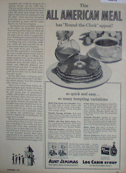 Aunt Jemimas Pancakes And Log Cabin Syrup 1953 Ad