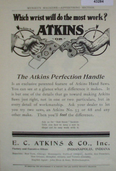 Atkins Hand Saw 1907 To 1912 Ad