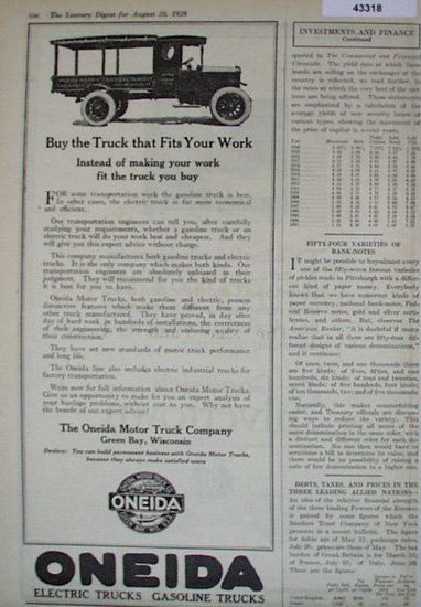 Oneida Motor Truck Co. 1920 Ad