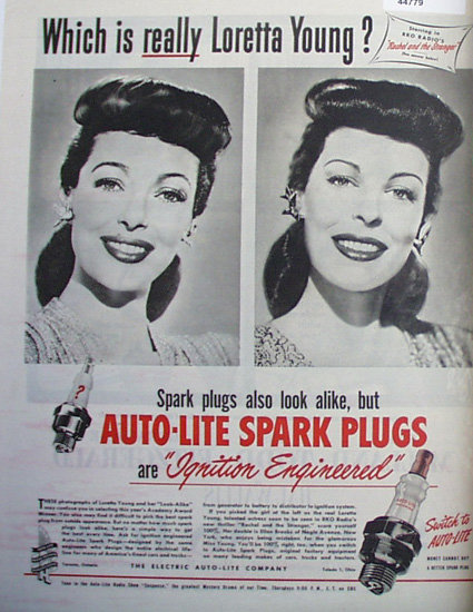 Auto Lite Spark Plugs Loretta Young 1948 Ad.
