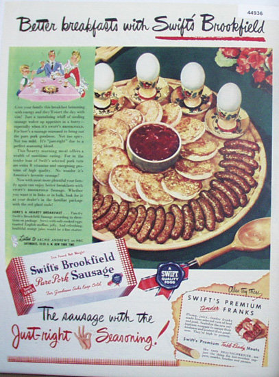 Swifts Brookfield Pure Pork Sausage 1947 Ad.