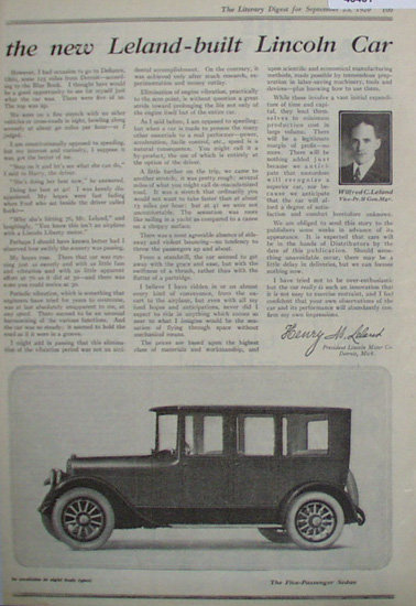 Leland Built Lincoln Car 1920 Ad