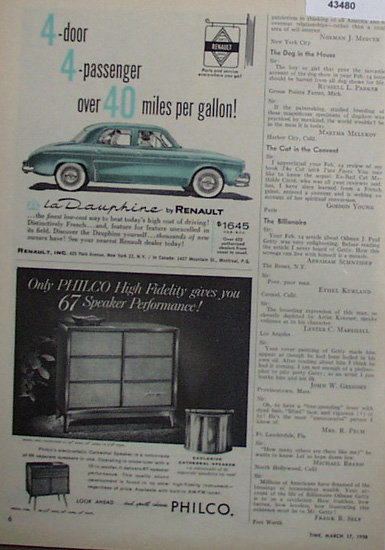 Renault La Dauphine Car 1958 Ad.