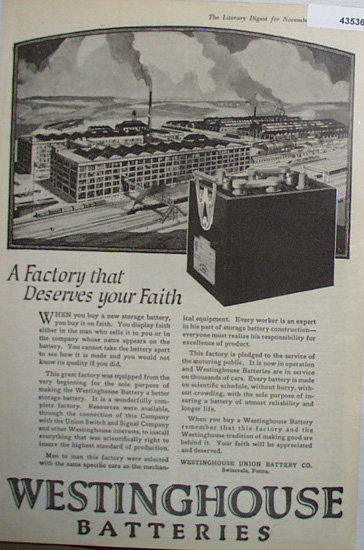 Westinghouse Batteries 1920 Ad
