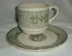 Scio Currier & Ives Green Cup & Saucer