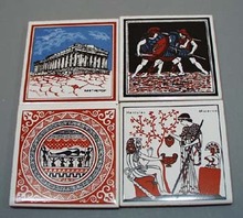 4 coaster tiles featuring Hercules, Minerva, roman soldiers