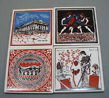 4 coaster tiles featuring Hercules, Minerva, roman soldiers