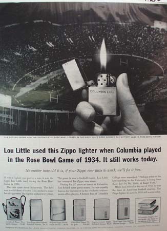 Zippo Lighter Rose Bowl Ad 1961