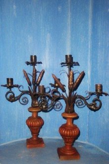 Pr. Woodcarved and Iron Candlesticks