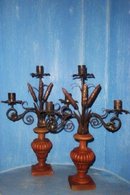 Pr. Woodcarved and Iron Candlesticks