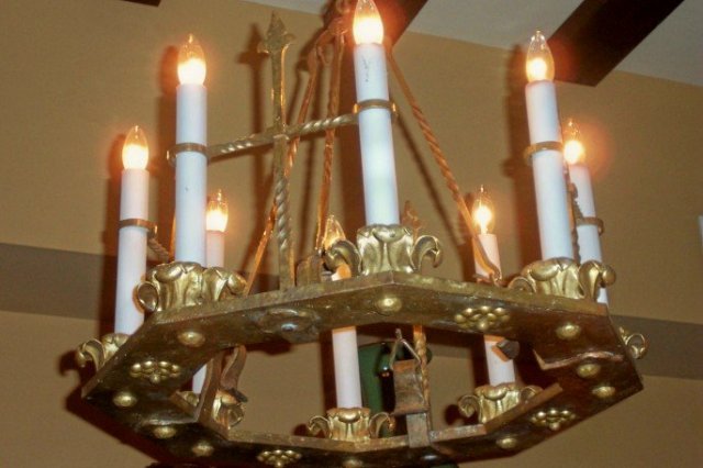 XIX Century Spanish Hammered Bronze Eight Light Chandelier