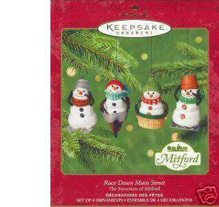 2000 Hallmark 4 MITFORD SNOWMEN Race Down Main Street Jan Karon Ornaments