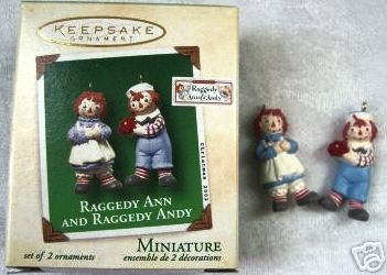 Raggedy Ann & Andy Hallmark Set of 2 Miniature Ornaments~2002~Unused