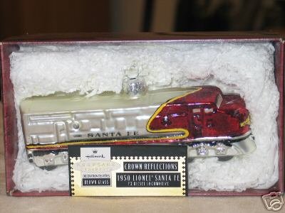 Lionel 1950 Santa Fe Locomotive~Blown Glass 1999 Hallmark Christmas Train Ornament~Crown Reflections