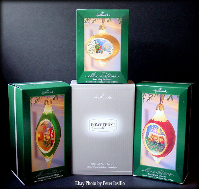 Lot of 3 HALLMARK ILLUMINATIONS Christmas Ornaments + Power Box