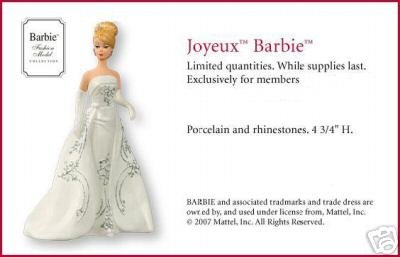 2007 Hallmark Porcelain JOYEUX BARBIE Club Exclusive Christmas ORNAMENT