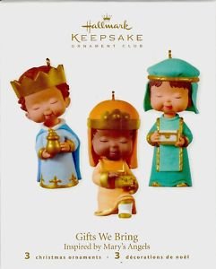 Hallmark 2010 GIFTS WE BRING~Porcelain 3 Piece Club Exclusive Ornament~Mary's Angels Nativity