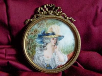 Miniature Antique Painting on Ivory of a lady in a Garden