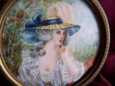 Miniature Antique Painting on Ivory of a lady in a Garden