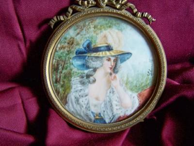 Miniature Antique Painting on Ivory of a lady in a Garden