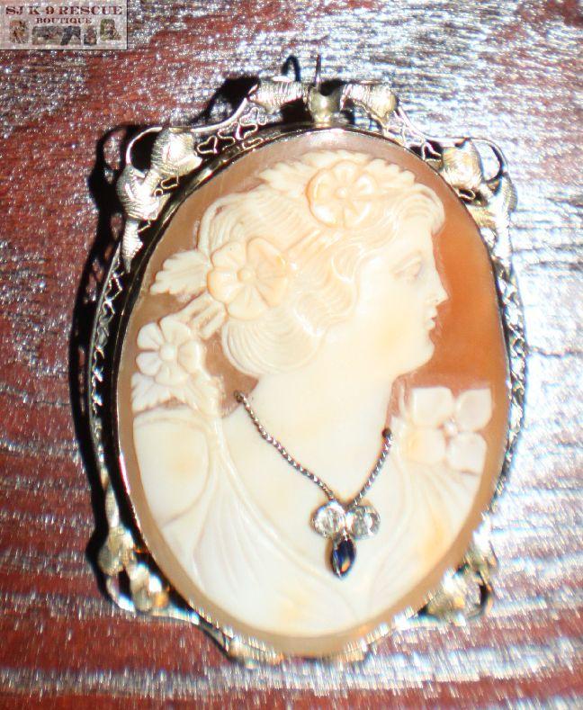 RARE VICTORIAN LARGE SHELL CAMEO in 18K WHITE GOLD INTRICATE FRAME