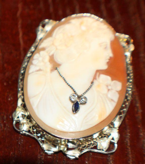 RARE VICTORIAN LARGE SHELL CAMEO in 18K WHITE GOLD INTRICATE FRAME