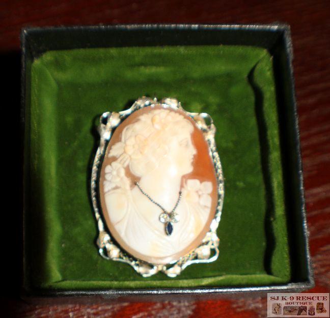 RARE VICTORIAN LARGE SHELL CAMEO in 18K WHITE GOLD INTRICATE FRAME