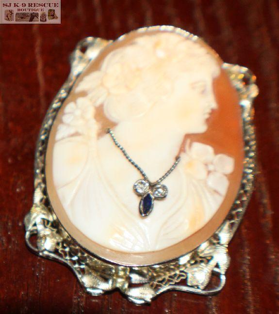 RARE VICTORIAN LARGE SHELL CAMEO in 18K WHITE GOLD INTRICATE FRAME