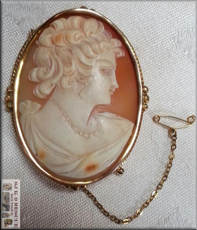 RARE VICTORIAN LARGE SHELL CAMEO, 18K YELLOW GOLD, INTRICATE SAFETY PIN