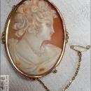 RARE VICTORIAN LARGE SHELL CAMEO, 18K YELLOW GOLD, INTRICATE SAFETY PIN