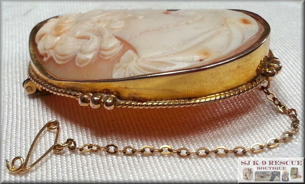 RARE VICTORIAN LARGE SHELL CAMEO, 18K YELLOW GOLD, INTRICATE SAFETY PIN