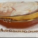 RARE VICTORIAN LARGE SHELL CAMEO, 18K YELLOW GOLD, INTRICATE SAFETY PIN