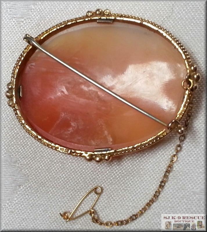 RARE VICTORIAN LARGE SHELL CAMEO, 18K YELLOW GOLD, INTRICATE SAFETY PIN