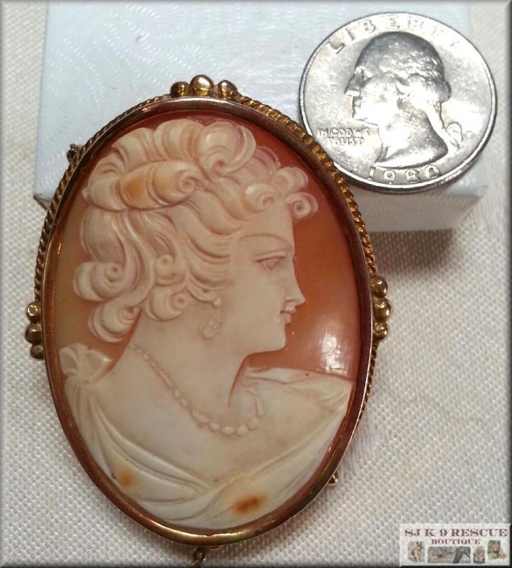 RARE VICTORIAN LARGE SHELL CAMEO, 18K YELLOW GOLD, INTRICATE SAFETY PIN