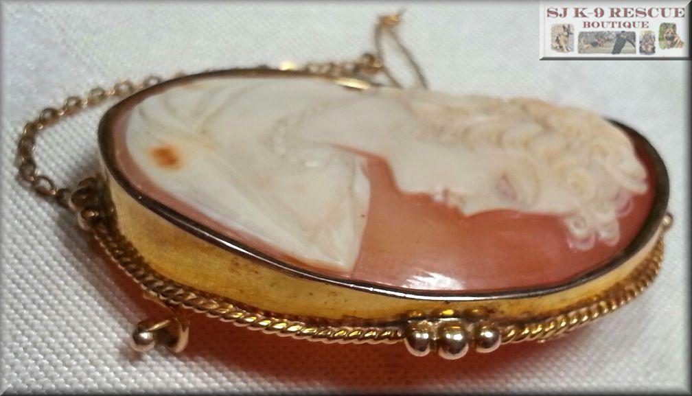 RARE VICTORIAN LARGE SHELL CAMEO, 18K YELLOW GOLD, INTRICATE SAFETY PIN