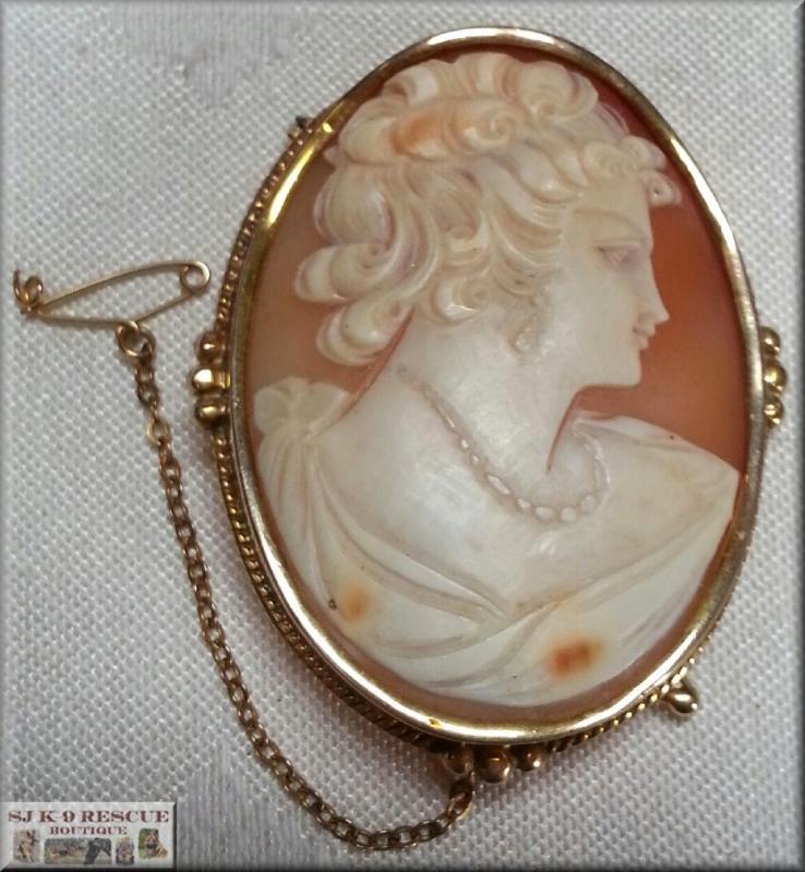 RARE VICTORIAN LARGE SHELL CAMEO, 18K YELLOW GOLD, INTRICATE SAFETY PIN