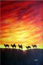 Camel Caravan in Sunset