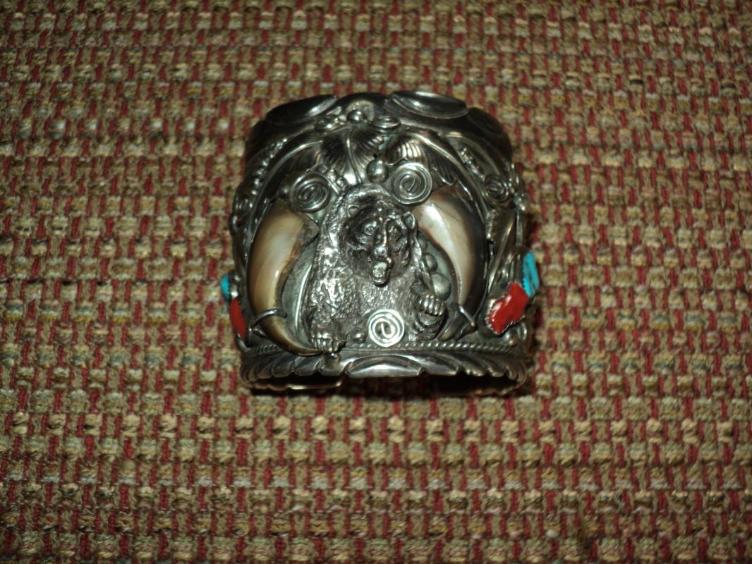 Heavy Navajo Bear Silver Cuff Bracelet by M. Thomas Jr.