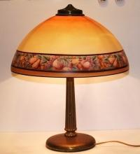 ANTIQUE 1920's GLASS SHADE FRUITS BORDER TABLE LAMP WITH BRASS BASE, unsigned