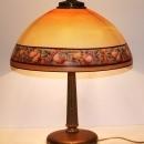 ANTIQUE 1920's GLASS SHADE FRUITS BORDER TABLE LAMP WITH BRASS BASE, unsigned