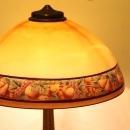ANTIQUE 1920's GLASS SHADE FRUITS BORDER TABLE LAMP WITH BRASS BASE, unsigned