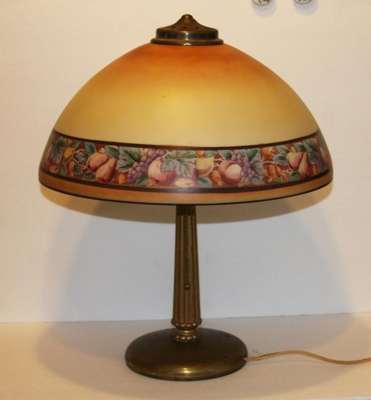 ANTIQUE 1920's GLASS SHADE FRUITS BORDER TABLE LAMP WITH BRASS BASE, unsigned
