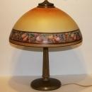 ANTIQUE 1920's GLASS SHADE FRUITS BORDER TABLE LAMP WITH BRASS BASE, unsigned