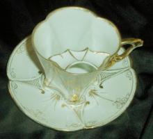 Bone China Mustache Cup, Gold Embelished, Signed Cup & Saucer