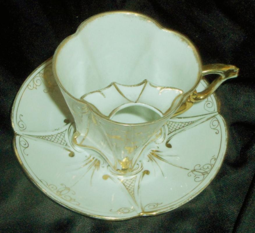 Bone China Mustache Cup, Gold Embelished, Signed Cup & Saucer