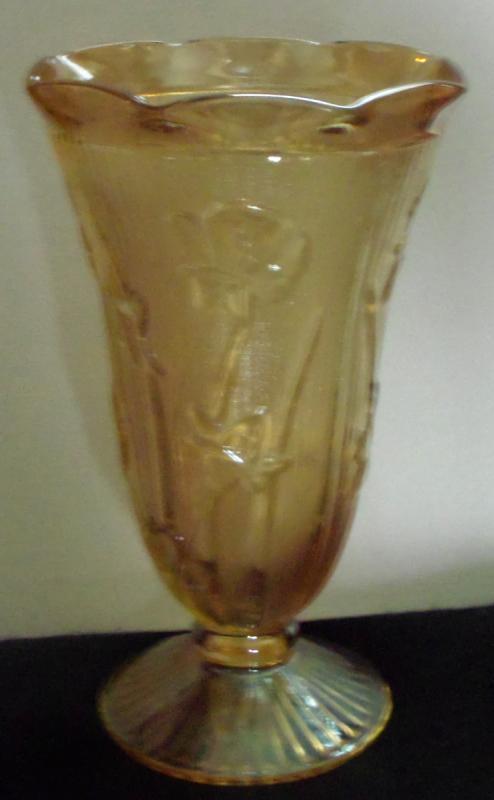 IRIS AND HERRINGBONE CARNIVAL GLASS VASE, MARIGOLD