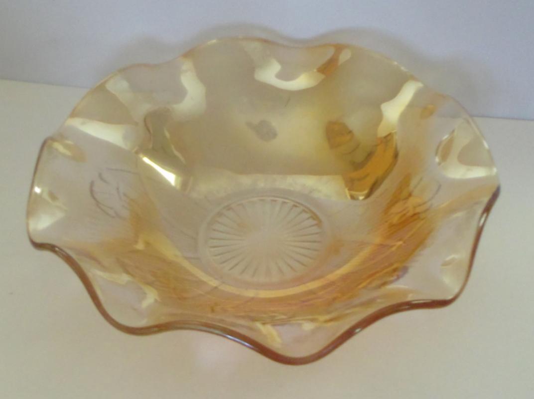IRIS AND HERRINGBONE CARNIVAL GLASS BOWL, MARIGOLD