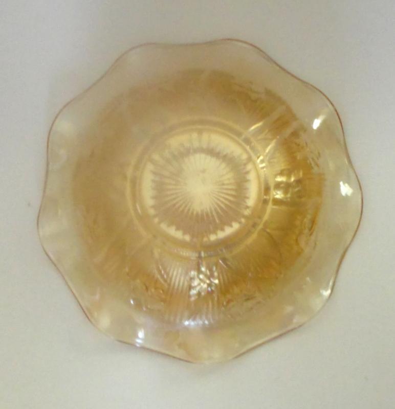IRIS AND HERRINGBONE CARNIVAL GLASS BOWL, MARIGOLD