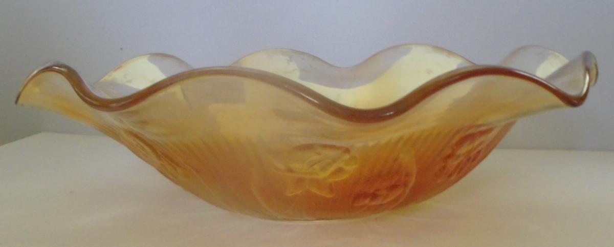 IRIS AND HERRINGBONE CARNIVAL GLASS BOWL, MARIGOLD
