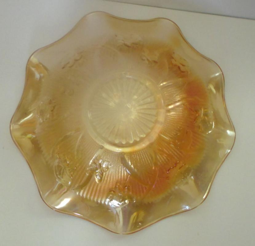 IRIS AND HERRINGBONE CARNIVAL GLASS BOWL, MARIGOLD